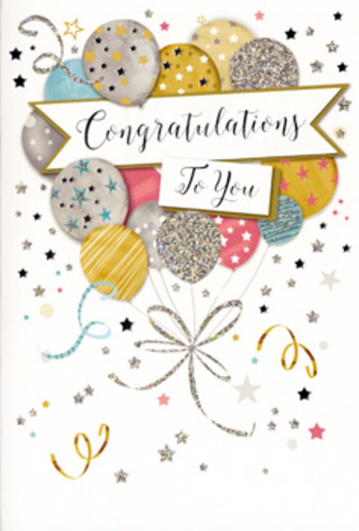 Viewed through the eyes of a local Guildford florist, this congratulations card artwork resembles a sophisticated party scene distilled into ink, shimmer, and air. A cluster of balloons dominates the composition, layered gently from front to back so that some float prominently while others peek from behind, creating a sense of depth similar to a floral arrangement. The balloons are rendered in soft metallic gold, silver, champagne beige, dusky pink, powder blue, and pale grey, with each surface detailed by glistening stars, delicate stripes, or subtle speckles of glitter that appear to catch a soft, overhead light. From their base, fine ribbons twirl and loop, sketched in graceful lines of gold and silver, like the carefully tied curling ribbon we use to finish a celebratory bouquet heading out for delivery around Burpham or Merrow. Surrounding the central cluster, scattered stars, dots, and curling motifs drift across a pale, almost pearly background, evoking confetti spiraling through the air after a speech at a special event in Guildford's G Live. Across the centre of the design, a horizontal banner unfurls in a gentle arc, carrying a refined 'Congratulations' message in flowing, calligraphic script that suggests personal care and thoughtfulness. The palette remains soft and harmonious, with metallics lending a gentle glow rather than a harsh shine, so the mood feels elegant, modern, and heartfelt rather than loud. You can almost feel the smooth cardstock between your fingers and imagine the faint texture where the glitter details are printed. It's an ideal companion to fresh flowers marking achievements big or small, from exam results to new homes across Guildford and the surrounding villages.