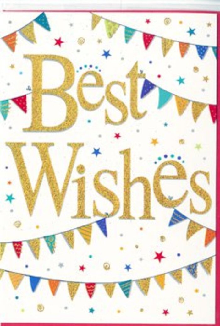 The congratulations card pictured feels like it has been designed for those special Guildford moments when words alone don't seem quite enough. At the heart of the card, the phrase Best Wishes appears in sumptuous golden script, each letter glistening with a fine, glittering finish that suggests a tactile, raised texture. You can almost imagine tracing the smooth, slightly grainy surface with your fingers, the way you might linger over the ribbon on a beautifully wrapped bouquet. The gold ink catches and reflects light as though illuminated by gentle sunshine filtering through trees in the Castle's gardens, giving the central message an inviting warmth. Surrounding the lettering, graceful swags of bunting arch across the upper and lower parts of the card, forming loose semicircles that cradle the words. The tiny triangular flags are painted in vivid colours-deep cobalt, cherry red, lively green, rich purple, and bright yellow-each decorated with whimsical designs: scattered dots, neat stripes, diamond patterns, and little mosaic-like motifs. These colourful garlands evoke the atmosphere of summer fairs along the River Wey or festive decorations strung above Guildford side streets during community celebrations. Around the bunting, a sprinkling of miniature stars and dots floats across the white background, some rendered in metallic tones, others in softer hues. They resemble confetti suspended in mid-air, adding motion and spontaneity to the crisp, clean layout. The overall feel is joyful yet tasteful, with the uncluttered white space giving the eyes room to rest. It's easy to imagine this card tucked alongside a fresh, fragrant arrangement ordered for same-day delivery across Guildford-perfect for congratulating a friend on passing exams, a colleague's promotion, or a family milestone that deserves a heartfelt, shimmering well done.