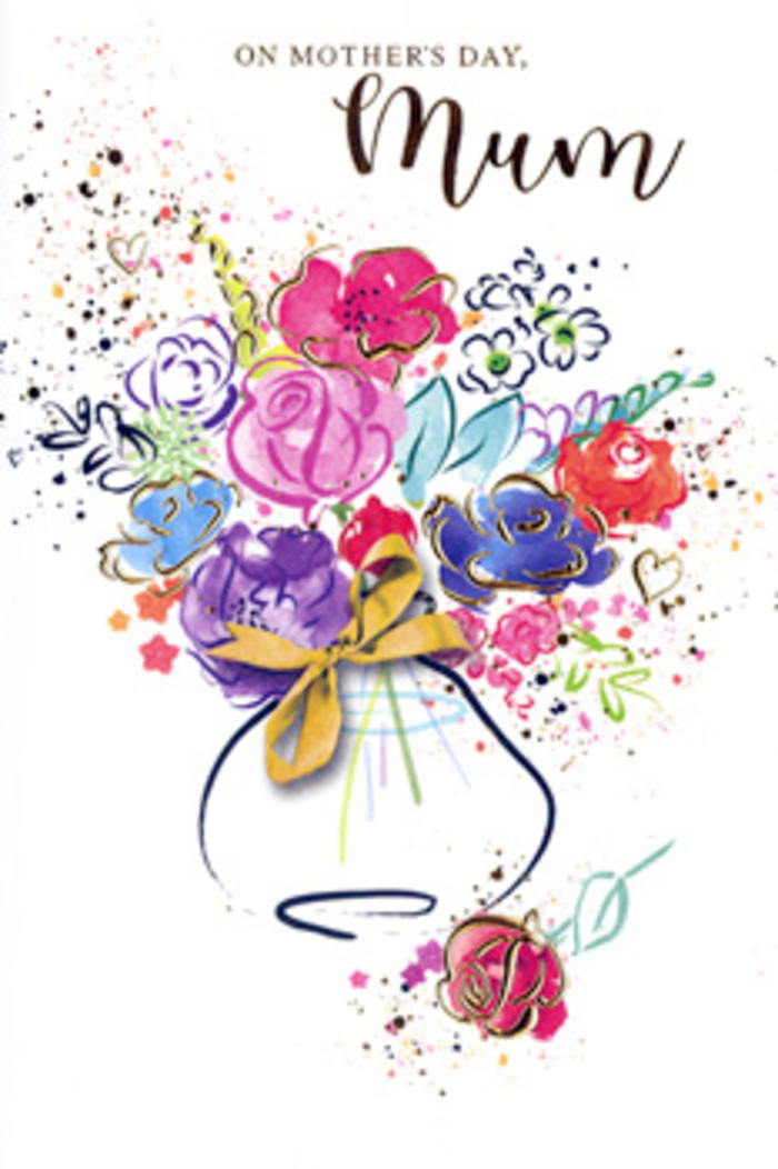 This richly detailed Mother's Day card illustration presents a bouquet that looks as if it has been dreamt into being with brush, water, and emotion, the kind of expressive design you might find in the window of a Guildford High Street florist. The flowers themselves are painted with sweeping, layered strokes: hot pinks and cerise tones bloom beside soft coral and warm apricot washes, while deeper magenta accents give depth and structure. Each petal is loosely defined with flowing indigo lines, some crisp and clear, others feathered into the paint like ink that has just met water. Between the warmer hues, there are touches of cool blue and gentle lavender that breathe space into the arrangement, creating a sense of calm balance, much like the open lawns in Stoke Park contrasting with the bustle of the town centre. Slim suggestions of greenery appear as flicks of chartreuse and leaf green, never heavy, just enough to support the interplay of colour. Fine traces of gold outline certain petals and arc around the bouquet, glowing softly as though catching late afternoon light over the rooftops of Guildford. The vase is small and endearing, rendered in soft, translucent tones and tied with a neat golden bow that calls to mind the finishing touch on a lovingly wrapped gift. Around the main composition, dots, splashes, and small hearts float against a pristine white background, echoing laughter, shared stories, and the unspoken tenderness between mother and child. The overall feeling is one of gratitude and gentle celebration, like offering a hand-crafted bouquet to a cherished mum in Burpham or Jacobs Well.