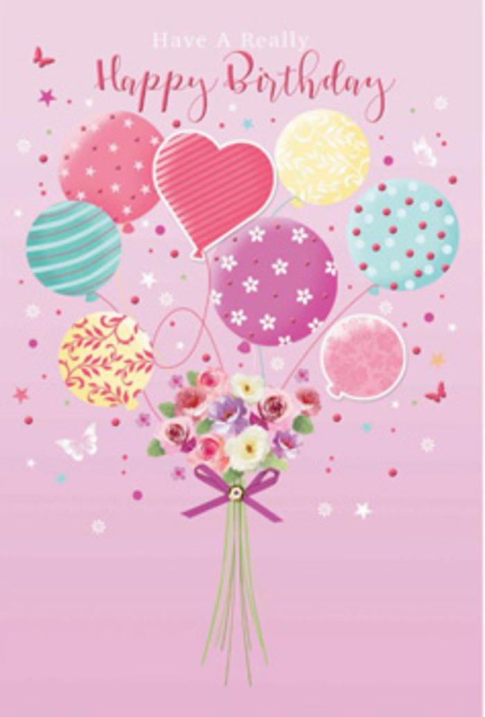 On this birthday card artwork, a dreamy cluster of balloons and flowers seems to rise from the page, capturing a moment of gentle jubilation that would feel at home at a birthday picnic in Guildford's Stoke Park. The background is a soft, comforting pink, like the sky at first light, against which pastel balloons float upward in an easy, graceful arc. Each balloon has its own decorative charm: swirling ribbon stripes in rose and teal, playful polka dots scattered like confetti, tiny floral prints, and one softly heart-shaped balloon at the centre that radiates affection. The colours are harmoniously blended, with pale sunshine yellow, rosy fuchsia, lavender, and sea green melting into one another so smoothly that the entire arrangement feels like a watercolour daydream. At the base of the balloons sits a hand-tied bouquet, its stems gathered neatly together. Petite roses and daisy-like flowers bloom in shades of cream, blush pink, and muted mauve, their petals delicately shaded as though brushed with morning light over Pewley Downs. Each flower head is carefully drawn to show subtle detail-the curve of a petal, the soft texture at the centre-creating the sense that you could almost reach out and feel their velvety surface. A sparkling purple bow hugs the stems, its satin loops and trailing ends adding a polished, celebratory finish. Around the bouquet, tiny butterflies and star-shaped accents drift in the air, enhancing the feeling of movement and wonder. Everything about this design whispers happiness, making it perfect for sending heartfelt birthday wishes across Guildford, from town centre to the quiet, leafy lanes beyond.