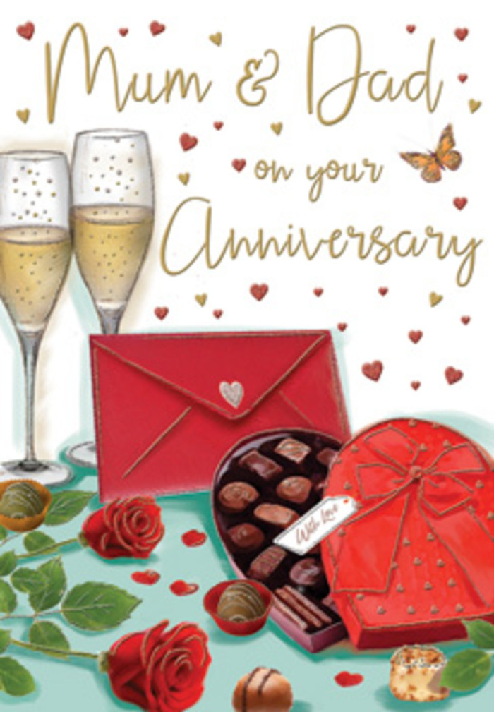 The anniversary card artwork unfolds like a carefully arranged still life, the sort of romantic vignette you might imagine laid out on a dining table in a Guildford home overlooking the River Wey. At the centre, two graceful champagne flutes stand close together, their slender shapes reflecting soft light so that the golden champagne inside seems almost to sparkle. Each glass is filled to just the right level, the surface alive with tiny bubbles that suggest a freshly poured toast shared in honour of a long and loving relationship. Just in front is a classic heart-shaped box of chocolates, its rich red casing edged with a subtle sheen that suggests fine paper or satin. The lid is open, revealing meticulously detailed chocolates resting in their compartments; some are smooth and domed, others textured, hinting at different flavours waiting to be discovered. A sumptuous red bow curves over the box, its loops deep and full, echoing the romance of the scene. To one side, a cluster of red roses lies as though recently placed there by a thoughtful partner who stopped by Flowers Guildford on North Street for the freshest stems. The roses are richly coloured, with layers of velvety petals unfolding from tight centres, surrounded by deep green leaves that add a touch of natural elegance. A few chocolates are scattered playfully on the table surface, suggesting an indulgent moment already begun. Around the main elements, golden and crimson hearts drift like confetti, framing a hand-lettered message addressed lovingly to Mum & Dad. A vibrant scarlet envelope, neatly sealed, rests nearby, implying a heartfelt note tucked inside. The entire composition is washed in a warm, flattering glow, evoking gratitude, shared stories, and the kind of enduring affection that has grown and deepened over many years in neighbourhoods from Burpham to Guildford Park.