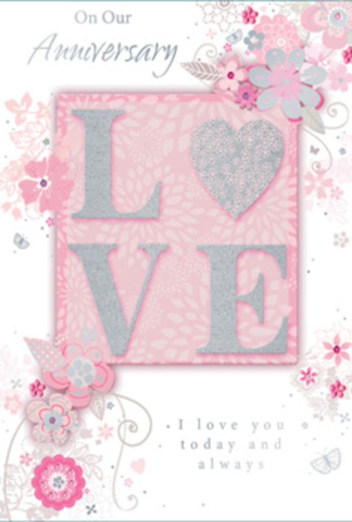 This beautifully composed anniversary card opens like a gentle promise, its design suffused with the softness of filtered daylight over the River Wey. At its heart, the word LOVE stands out in raised, frosted-glitter lettering, each character carefully shaped and slightly textured so that fingers can feel the shimmer as well as see it. The glitter is refined rather than loud, adding a cool, pearly sparkle that recalls the way light glints on glass vases in a Guildford flower shop. Around this central motif, light, whispery blooms and sprays drift gracefully along the borders of the card, illustrated in shades of pink, lilac, and creamy ivory. The flowers are drawn with a loose, airy touch, as though a florist has quickly sketched a bouquet idea at the counter before arranging stems for a delivery to Onslow Village. Fine flourishes twine between the blossoms-filigree lines, tender leaves, and tiny, almost-hidden butterflies that seem to flutter in and out of view when the card catches the light. These embellishments create a quiet sense of motion, echoing the fluttering feeling of being in love. The soft background wash in pale pink holds everything together, like tissue paper cradling a fresh bouquet. In graceful, understated type, the message I love you today and always is nestled among the floral motifs, inviting a private moment of reflection and gratitude. The overall mood is one of calm devotion and gentle joy, the card itself feeling like a hand-tied arrangement translated into paper-ideal for honouring a long, loving partnership in Guildford's peaceful neighbourhoods.