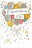 This congratulations card illustration feels like a quiet burst of joy captured in a single frame, the sort of design we in Guildford might pair with a celebratory bouquet heading to a family gathering near Shalford or Onslow Village. At the centre, a cheerful cluster of balloons rises like a bouquet of colour and light, each balloon slightly overlapping the next to create a gentle sense of movement. Soft metallic golds, silvers, champagne tones, blush pinks, and sky blues are carefully balanced, with each balloon decorated in either fine stripes, tiny stars, or clusters of glitter that catch the imagined light like sequins. Slender ribbons trail down from the base of the cluster, curling and looping in delicate gold and silver lines, suggesting the feel of real curling ribbon drawn carefully with scissors in a flower shop. Around the balloons, tiny metallic stars, dots, and swirling accents drift across a pale, creamy background, like confetti floating on a shy breeze after a toast in a Guildford High Street restaurant. Through the centre, a softly curved banner carries a graceful 'Congratulations To You' message in flowing script, the lettering elegant yet warm, as though handwritten for the recipient. The visual rhythm of circles, curls, and stars creates a feeling of lightness and uplift, as if the whole design might gently float away. The surface is easy to imagine: smooth card stock with subtle raised glitter detailing, cool and refined to the touch. It perfectly suits those luminous moments-a graduation, a promotion, or a personal achievement-when you want to send flowers and a card that truly celebrate someone's hard work and success in Guildford.