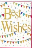 In this image, a Best Wishes card glows with an understated festivity, perfectly suited to accompany congratulatory flowers sent anywhere in Guildford. The base of the card is a smooth, bright white, providing a calm backdrop that lets every detail shine. In the centre, the words Best Wishes are written in a flowing gold script that appears slightly embossed and dusted with glitter, the strokes catching the light as though they were tiny threads of metal leaf. The lettering has a gently curved rhythm, giving the impression of movement, like a celebratory banner unfurling in a soft breeze over the High Street. Encircling the text, arcs of colourful bunting stretch across the top and bottom, their curved lines echoing the upward lift of a smile. Each little pennant is vividly coloured-inky blue, crimson red, grassy green, bright yellow, and soft pink-adorned with patterns that range from playful polka dots and stripes to miniature checks and stylised stars. The bunting calls to mind the cheerful decorations seen at local fairs in Stoke Park or community events near the Guildford Castle grounds. Interspersed between the garlands are tiny stars and confetti-like dots, some metallic, some matte, scattered with an artfully random feel. They appear almost weightless, as though just tossed above a party table or drifting down after a big cheer. Together, these elements create an atmosphere of optimistic celebration without overwhelming the senses. The card seems ideal for sending encouragement, congratulations, or good luck-whether it's for a new job in one of Guildford's offices, a milestone birthday, or a new home-conveying a sincere, golden glow of support and happiness.