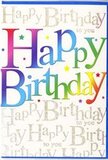 This birthday card feels like a little burst of party atmosphere you could easily imagine sitting alongside a vase of fresh flowers on a Guildford kitchen table. The front is dominated by the phrase Happy Birthday in generous, rounded letters, each one dressed in a different shade, forming a smooth rainbow that slides from deep berry tones and classic red through radiant pink, cobalt and aqua blues, leafy greens, and warm amber and yellow. The colours are carefully blended, giving each letter a soft gradient effect, as though brushed with watercolour and then finished with a gentle gloss, similar to the sheen on polished wrapping paper. Behind this colourful headline, the entire background is covered in flowing golden script repeating Happy Birthday to you in tidy horizontal lines, like rows of affectionate messages. The script is thin and ornate, reminiscent of elegant handwriting on a cherished keepsake, and the metallic gold catches the light in a way that recalls late-afternoon sun glowing on the shopfronts along Guildford High Street. Interspersed among the curls of writing, tiny glints and specks of sparkle add a sense of confetti drifting through the air, reinforcing the celebratory mood without overwhelming the design. The overall impression is one of thoughtful exuberance: bold, joyful lettering set against a refined, shimmering backdrop. It's easy to picture this card chosen by someone ordering birthday flowers for delivery to Burpham, Stoughton, or the town centre, wanting their message to feel as bright and heartfelt as the bouquet, a keepsake that continues the sense of occasion long after the candles have been blown out.