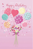 This illustrated birthday design shows a whimsical bouquet of pastel balloons and flowers that seems to float effortlessly against a gentle pink backdrop, like a happy scene glimpsed above the rooftops of Guildford. At the heart of the image, a cluster of balloons rises in soft, rounded forms, coloured in tender shades of blush pink, mint green, sky blue, lavender, butter yellow, and peach. Each balloon carries an individual charm: some are ringed with candy-striped ribbons, others are peppered with playful polka dots, while a central heart-shaped balloon glows with quiet warmth, suggesting love and appreciation for the birthday person. The patterns are light and joyful, reminiscent of festive bunting at a riverside celebration near the Wey. Tied to this cloud of balloons is a small, elegant bouquet placed at the base of the composition. The flowers-delicate roses and anemone-like blossoms-cluster closely together, their petals soft and layered in creamy ivory, blush, and dusky mauve. They appear freshly gathered, their shapes full and relaxed rather than stiff, as though lovingly arranged by an experienced florist. A violet satin bow secures the stems, catching the light with a gentle sheen and adding a refined finishing detail. Tiny stars, specks of confetti, and a few fluttering butterflies sprinkle the surrounding space, hinting at the excitement of a birthday gathering somewhere in Guildford, perhaps after a stroll past the shops on the High Street. The overall mood is airy, sweet, and quietly enchanting, turning a simple birthday message into something that feels truly celebratory and heartfelt.