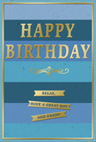 This stylish birthday card pairs a soothing palette of blues with refined gold detailing, creating an atmosphere of relaxed celebration that would feel at home in any Guildford living room or office. The entire background is divided into wide, horizontal stripes, each one a distinct shade of blue, moving from a deep, almost midnight navy at the top through softer denim and teal, down to a pale, tranquil sky blue at the bottom. The stripes are broad and even, with a smooth, matt appearance that suggests quality card stock and careful craftsmanship. Dominating the centre is the birthday greeting itself: HAPPY BIRTHDAY, embossed in large, capital letters of metallic gold. The raised foil lettering catches even gentle light, producing a soft shimmer similar to shopfront signs glinting along Guildford High Street on a bright day. Just beneath the main text, a graceful golden flourish curves in a balanced, ornamental pattern, adding a touch of classic elegance without overwhelming the simplicity of the design. Below, three slim, gold banners are stacked vertically, each one carrying part of the friendly message until the full sentiment reads, Relax, have a great day and enjoy! The edges of the card are neatly framed by a slender gold line, creating a tidy border that draws the eye toward the centre. The combination of cool blue tones and warm metallic highlights makes this card feel both calming and celebratory, an ideal companion to a birthday bouquet delivered across Guildford by local florists, ready to be propped beside a cake, a gift, or a vase of fresh blooms.