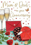 This illustrated anniversary card presents a warm, romantic tableau that feels reminiscent of a special evening in Guildford after a stroll along the cobbled High Street. At the heart of the design stand two elegant champagne flutes, placed so close that their rims nearly touch, suggesting unity and quiet conversation. The glasses are filled with pale gold champagne, and the artist has captured the rising bubbles so clearly that you can almost sense the sparkle and hear the soft fizz that accompanies a well-earned toast. In front of the flutes is a heart-shaped box of chocolates, painted in a deep, passionate red that immediately draws the eye. Its lid is propped open, offering a tempting glimpse of neatly arranged truffles, each one round, glossy, and nestled in its own little space like tiny treasures meant to be shared. A luxuriant red bow wraps the box, its satin loops rounded and generous, mirroring the plush petals of the roses set nearby. Those roses, in rich crimson tones, lie with their stems partially hidden by lush green foliage, reminiscent of a hand-picked bouquet from a local florist on Chapel Street. Their petals appear soft and velvety, layered in concentric curves that evoke fragrance and tenderness. A couple of chocolates rest casually on the tabletop, as if a taste has already been stolen in eager anticipation. Surrounding the central scene, delicate golden and crimson hearts float against a soft backdrop, framing a handwritten dedication to Mum & Dad, which anchors the card firmly as a tribute to parents and their lasting partnership. A bright scarlet envelope sits to one side, sealed and poised to be opened, hinting at heartfelt words written within. A gentle, glowing light wraps everything in warmth, suggesting an atmosphere of gratitude, celebration, and the deeply familiar love that grows over many anniversaries in homes across Onslow Village, Stoughton, and beyond.